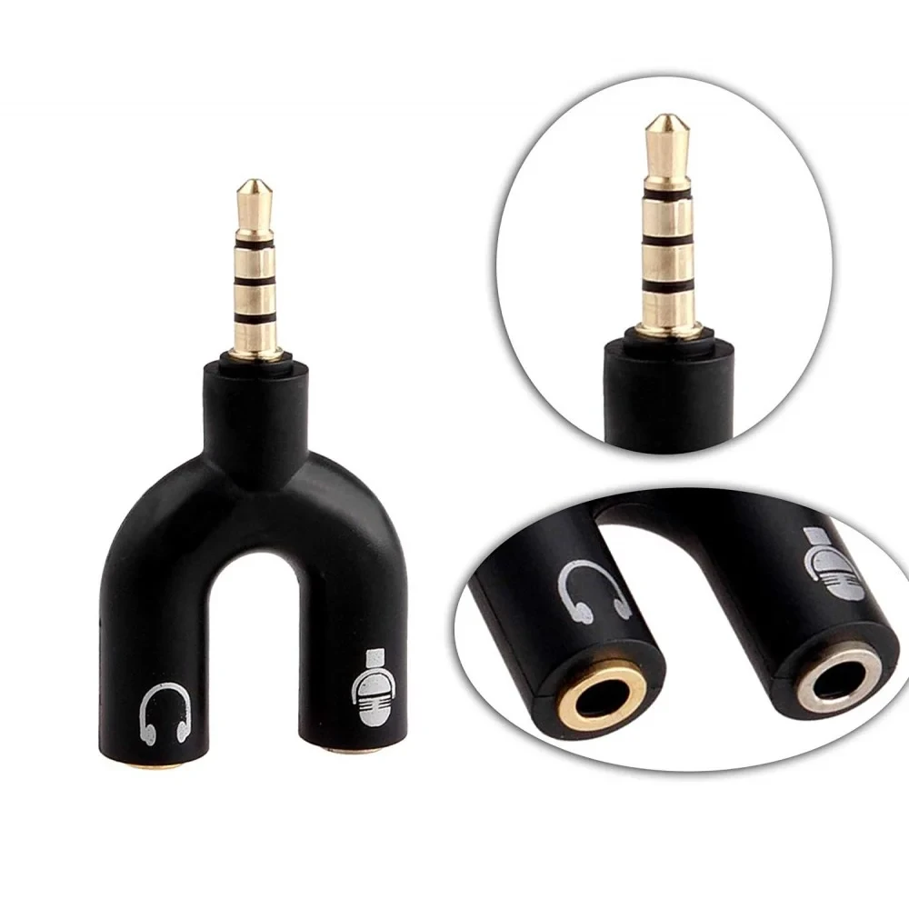 U-Shape Converter- 3.5mm Audio Splitter For Headphone and Microphone- Black