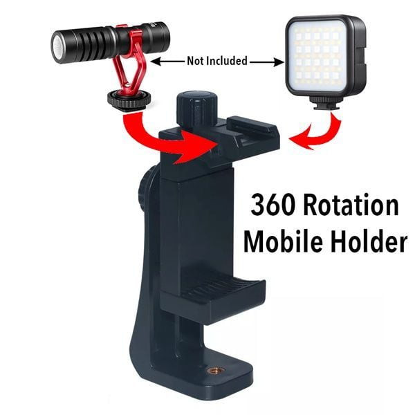 360 Degree Mobile Holder With Cold Shoe Mount For Extra Microphone Or Led Light