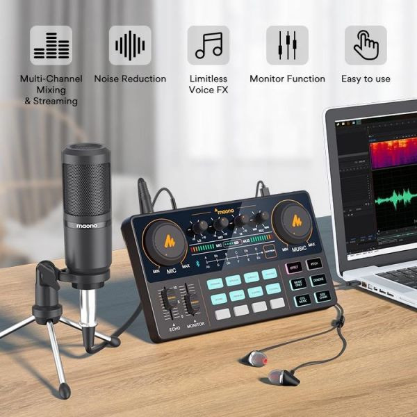 MAONOCASTER Lite Live Streaming Bundle: All-In-One Podcast Production Studio Comes With Digital Audio Interface+ Condenser Mic+ Headphone